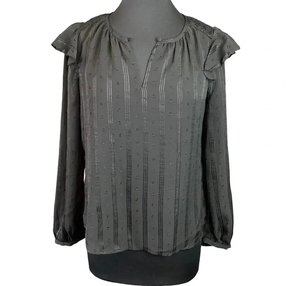 Skies Are Blue Black Ruffle Capped Long Sleeve Blouse Size Small NWT 0409